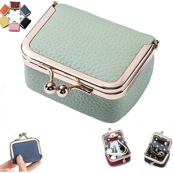 Genuine Leather Mini Jewelry Box, Mini Jewelry Travel Case, Portable Vintage-inspired Genuine Leather Coin Purse Jewelry Case with Kiss Lock for Earrings, Rings, Necklaces (Green)