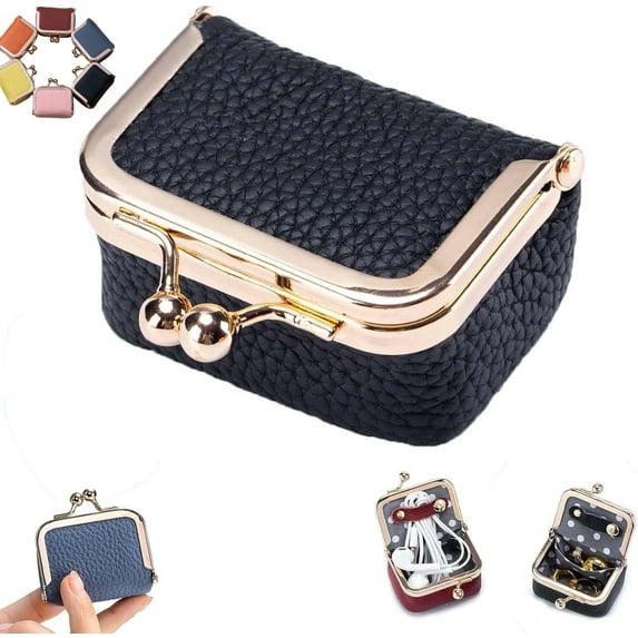 Genuine Leather Mini Jewelry Box, Mini Jewelry Travel Case, Portable Vintage-inspired Genuine Leather Coin Purse Jewelry Case with Kiss Lock for Earrings, Rings, Necklaces (Black)