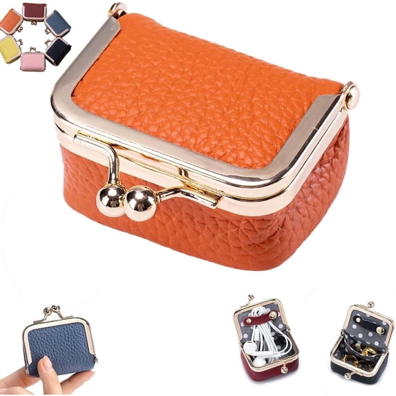 Genuine Leather Mini Jewelry Box, Mini Jewelry Travel Case, Portable Vintage-inspired Genuine Leather Coin Purse Jewelry Case with Kiss Lock for Earrings, Rings, Necklaces (Orange)