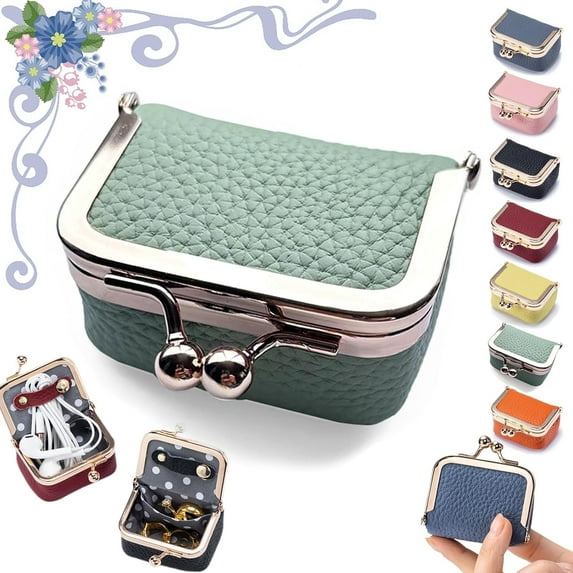 Genuine Leather Mini Jewelry Box, Portable Vintage-Inspired Genuine Leather Coin Purse Jewelry Case with Kiss Lock, Mini Travel Ring Box for Women for Earring/Ring/Necklace/Bracelet(Green)-small