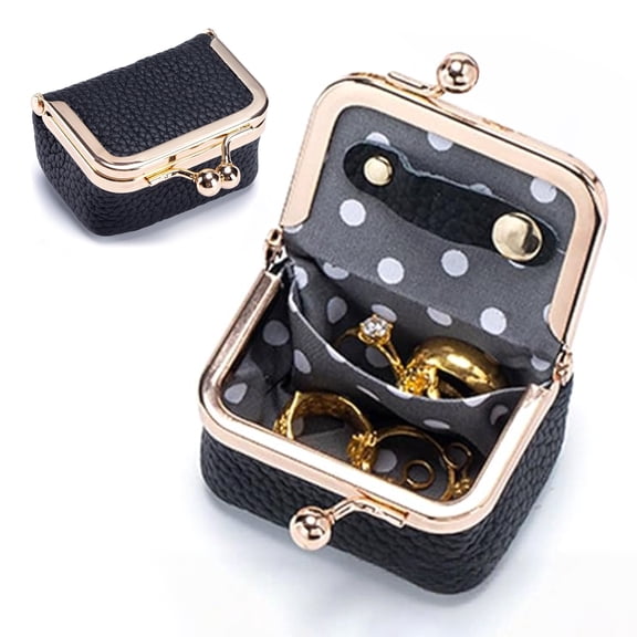 Genuine Leather Mini Jewelry Box, Portable Vintage-Inspired Genuine Leather Coin Purse Jewelry Case with Kiss Lock, Mini Travel Ring Box for Women for Earring/Ring/Necklace/Bracelet(Black)