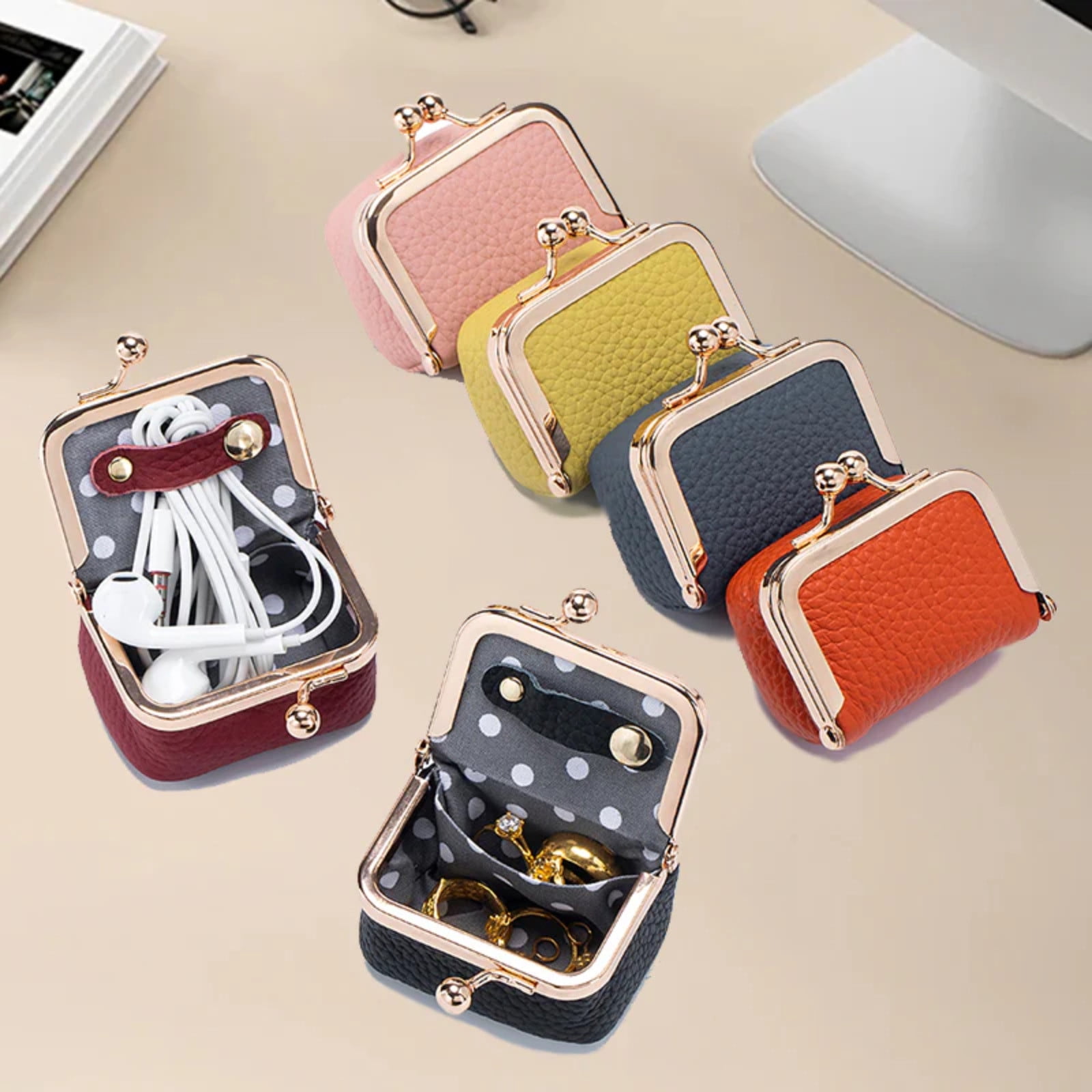 Genuine Leather Mini Jewelry Travel Case, Small Vintage Jewelry Box Leather, Coin Purse Jewelry Box with Kiss Lock Mini Jewelry Box for Women for Earring Ring Bracelet
