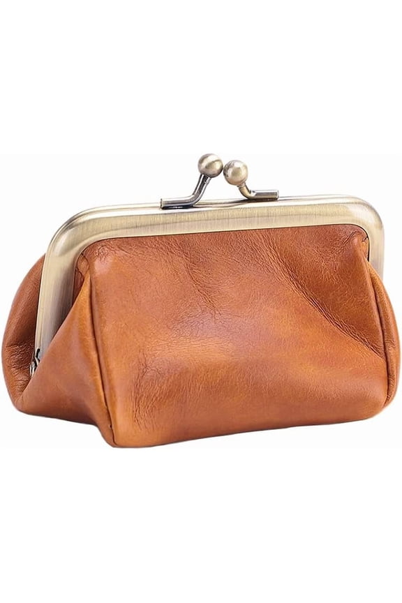 Genuine Leather Mini Vintage Coin Purse Kiss Lock change purse Cute Coin Purse Coin Organizer (Coffee)