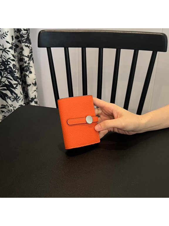 Genuine Leather Mini Wallet for Women, Slim Coin Purse ID Window Wristlet Strap Buckle, Small Card Holder Purse,Orange