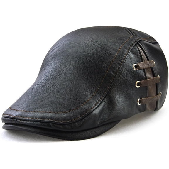 VENSIO-Genuine Leather Newsboy Cap for Men, Ivy Caps with Bandage Perforation, Adjustable Flat Cap, Black-black-