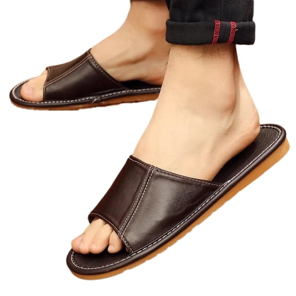 Genuine Leather Open Toe Slippers Sandals,Indoor Flat Slide Sandals Couple Sandals for Women Men,Casual House Shoes for Bedroom and Office