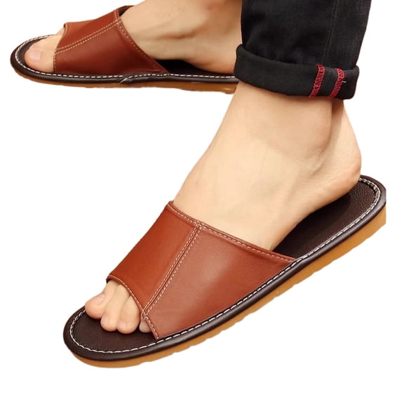 Genuine Leather Open Toe Slippers Sandals,Indoor Flat Slide Sandals Couple Sandals for Women Men,Casual House Shoes for Bedroom and Office