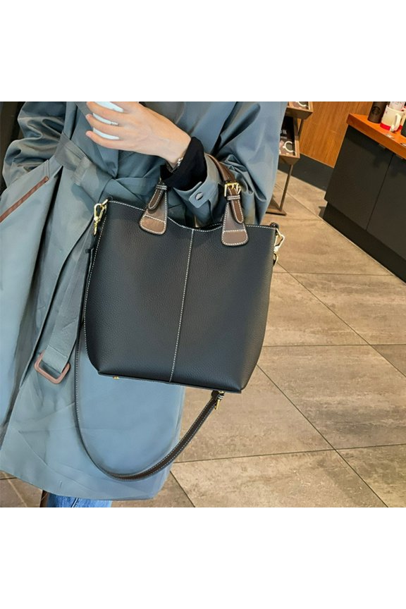 Genuine Leather Pebbled Tote Bucket Bag for Women, Large Capacity Commute Top-Handle Shoulder Bag (10.6"x5.1"x11.4", 1.65lb), Urban Simple Daily Carry