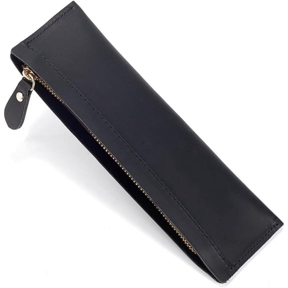 Genuine Leather Pen Pouch Handcrafted Leather Tool Case with Zipper Closure Vintage Black Crazy Horse Leather Pen Bags Fountain Pen Holder for Men Women Business Stationery Storage Supplies