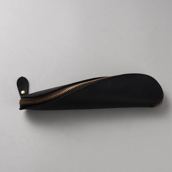Genuine Leather Pencil Case Real Leather Pen Pouch Handcrafted Black Crazy Horse Leather Bags Zippered Holder for Case Home Office Vintage Gift