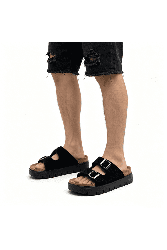 Genuine Leather Platform Sandals for Women & Men Comfort Cork Footbed Slide Sandals with Double Adjustable Buckles Ladies Chunky Heel Slides Slip On Summer Beach Sandals Men's Casual Walking Sandals
