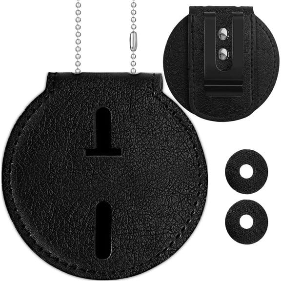 Genuine Leather Police Badge Holder with Belt Clip and Neck Chain, Universal Recessed Heavy Duty Badge Holder for Law Enforcemen Sheriff Shield-Round