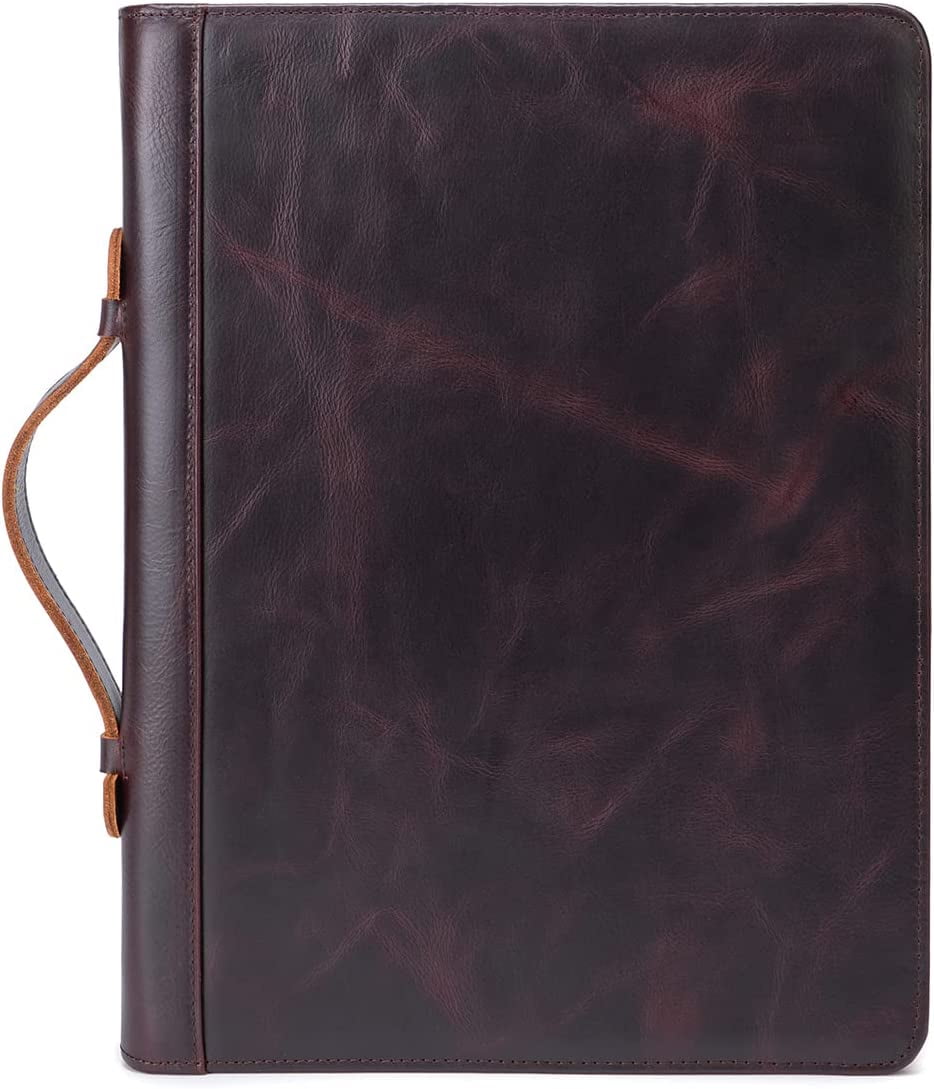 Genuine Leather Portfolio with Handle and Zipper, Full Grain Leather