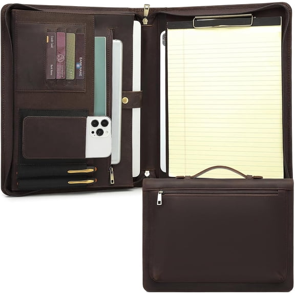 Genuine Leather Portfolio with Hidden Handle, Clipboard Folder, Front Pocket, 8.5 x 11 Legal Pad Notebook Holder, Professional Executive Interview Zip Laptop Padfolio for Women Men, Dark Brown
