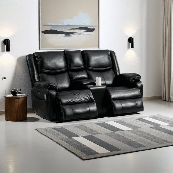 REHOUSING Adult Genuine Leather Loveseats with Power Headrest and Cup Holders, Black
