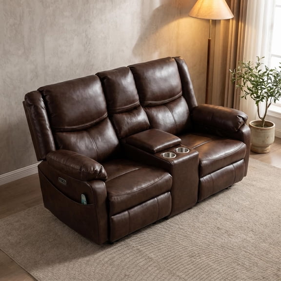 Genuine Leather Power Loveseat Recliner Sofa, Wall Hugger Loveseat Reclining Sofa with Storage Console, Power Headrest, Cup Holders, Dual Recliners for Living Room, RV