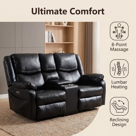 Genuine Leather Power Loveseat Recliner Sofa, Wall Hugger Loveseat Reclining Sofa with Storage Console, Power Headrest, Cup Holders, Dual Recliners for Living Room, RV
