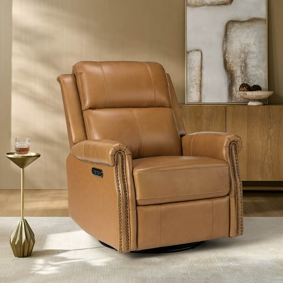 Genuine Leather Power Swivel Rocking Recliner Chair with USB Nailhead Trim for Living Room Bedroom Home Theater Camel