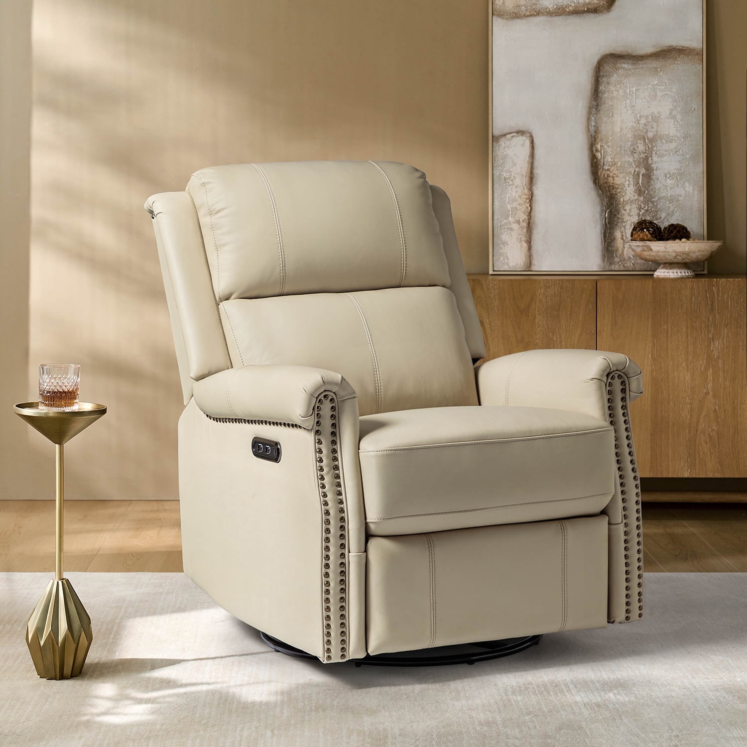 Genuine Leather Power Swivel Rocking Recliner Chair with USB Nailhead ...