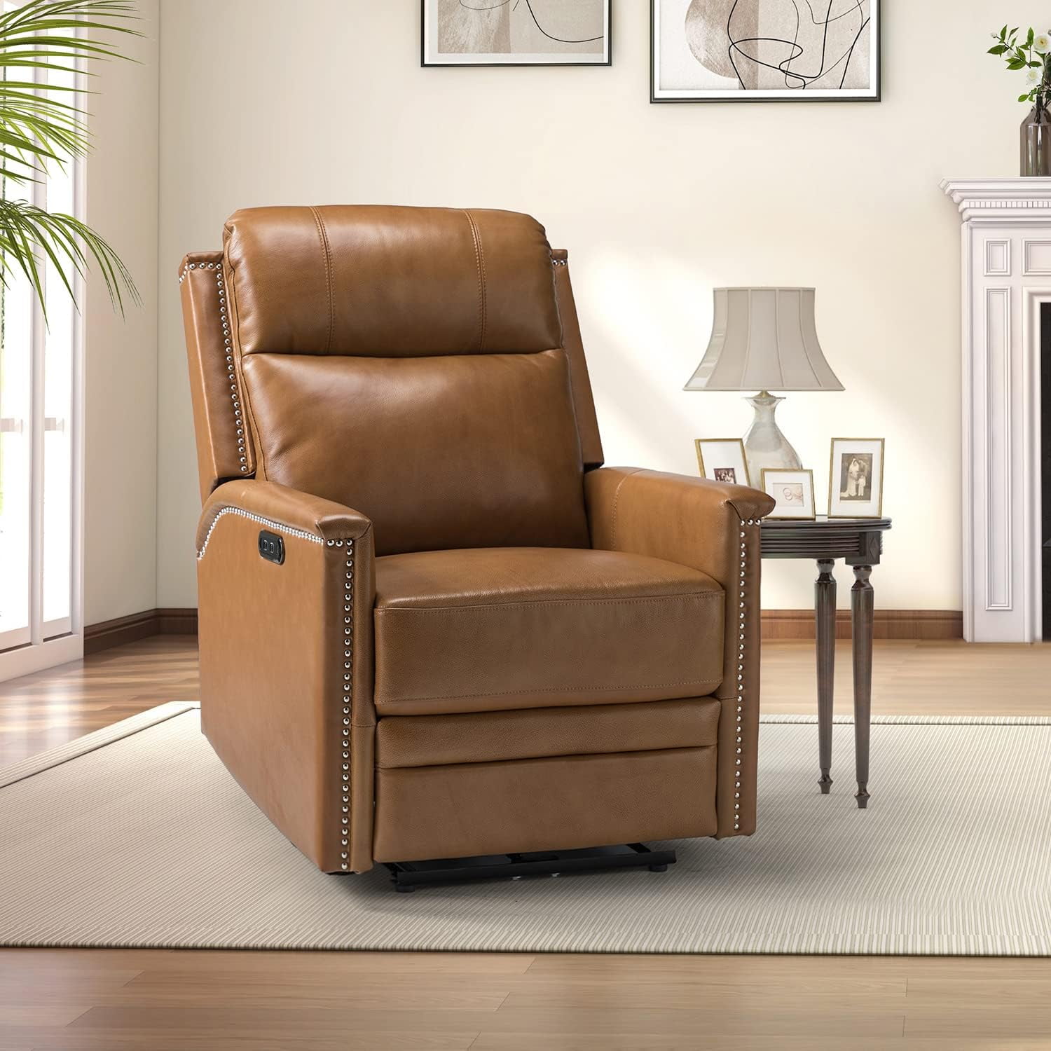Genuine Leather Power Recliner Chair With Usb Port, Modern Electric