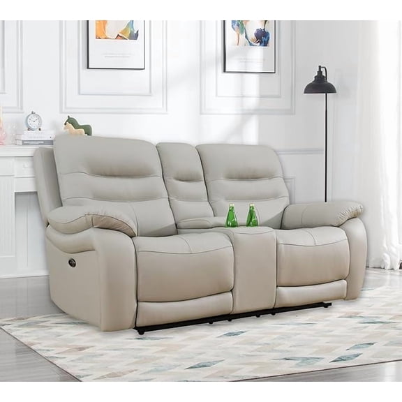 Genuine Leather Power Recliner Couch, 77" Leather Couch with Storage Console&Cup Holer, Top Grain Reclining Leather Couch for Living Room Office Apartment (Recliner Loveseat, Light Grey)