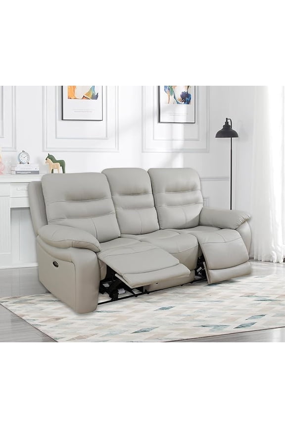 Genuine Leather Power Recliner Sofa, 85" Leather Sofa with USB Charging, Leather Power Reclining Sofa for Living Room Office Apartment (3 Seat Recliner Sofa, Light Grey)