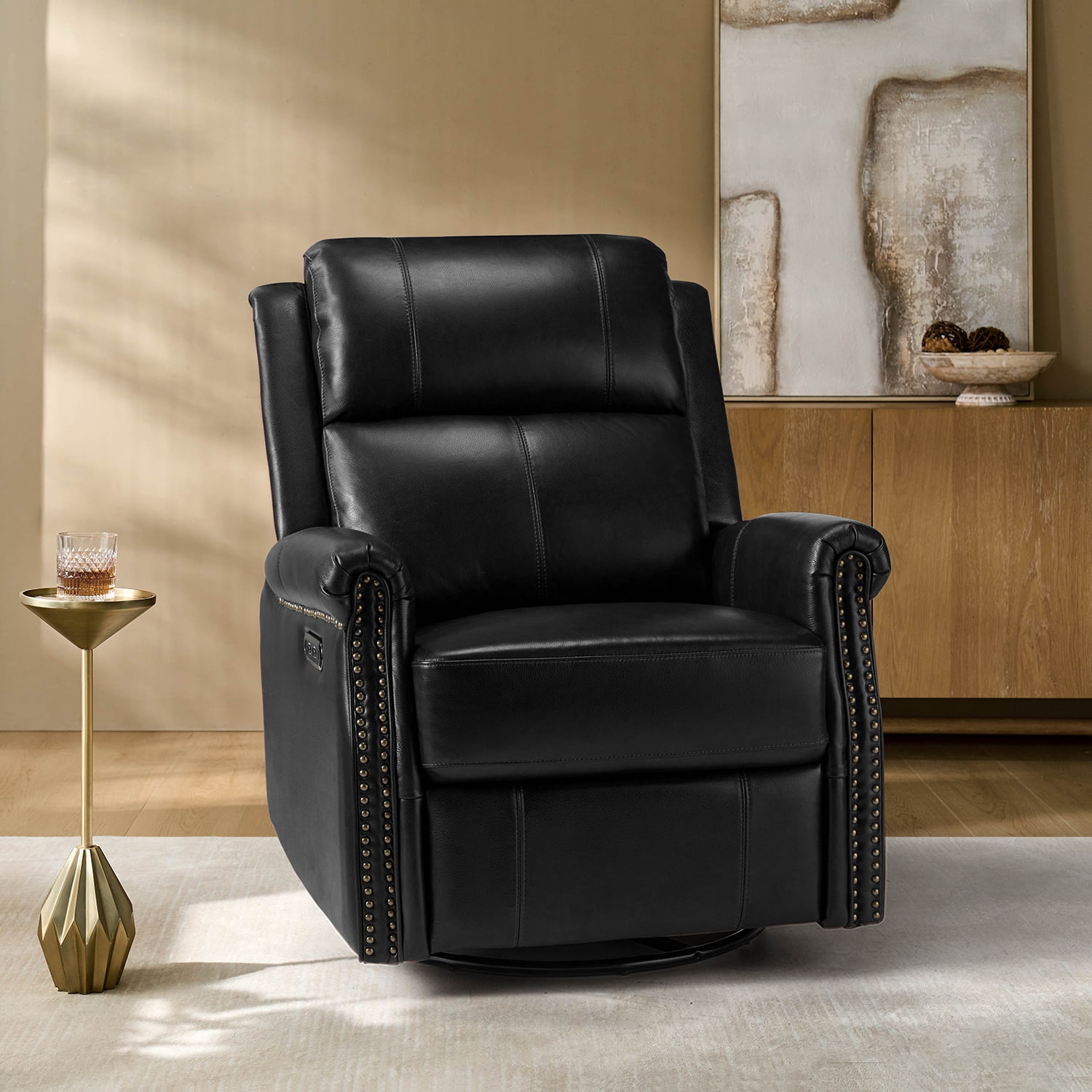 14 Karat Genuine Leather Swivel Power Recliner Rocker, Living Room