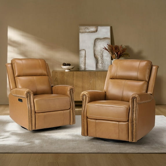 Genuine Leather Power Swivel Rocking Recliner Chair Set of 2 with USB Nailhead Trim for Living Room Bedroom Home Theater Camel