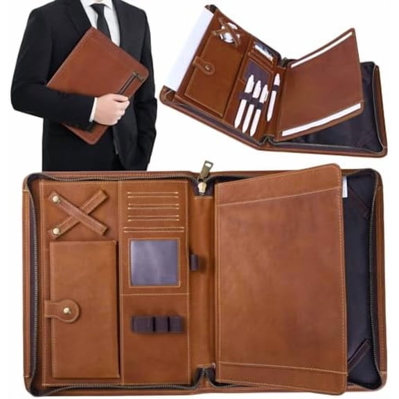 Genuine Leather Professioal Business Portfolio Padfolio Folder with Zipper, Conference Meeting Executive File Legal Document Organizer for Men, Work Portfolio for Meeting and TravelBrown$$Office