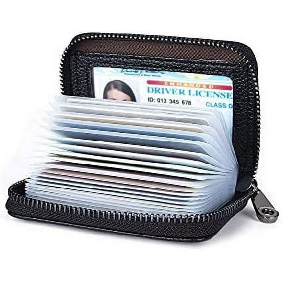Genuine Leather RFID Blocking Card Holder Wallet, Zipper Card Case (Black)