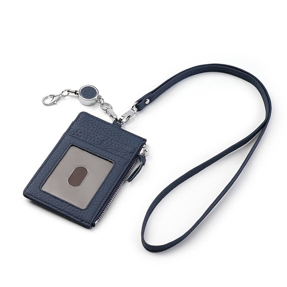 Genuine Leather RFID Blocking ID Badge Holder Wallet with Neck Lanyard | Zippered ID Card Holder with 3 Card Slots + ID Window for Work, School, Driver License, Credit Cards