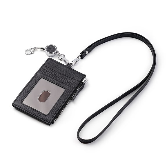 Genuine Leather RFID Blocking ID Badge Holder Wallet with Neck Lanyard | Zippered ID Card Holder with 3 Card Slots + ID Window for Work, School, Driver License, Credit Cards