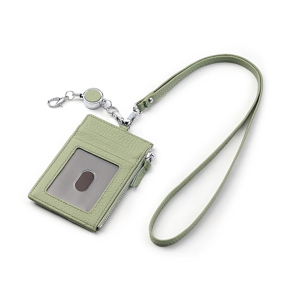 Genuine Leather RFID Blocking ID Badge Holder Wallet with Neck Lanyard | Zippered ID Card Holder with 3 Card Slots + ID Window for Work, School, Driver License, Credit Cards