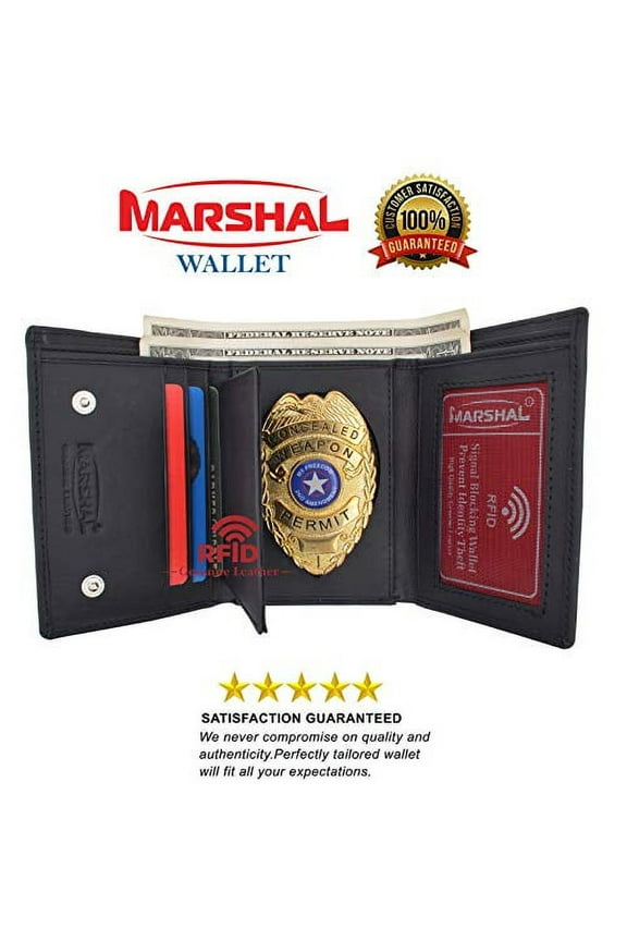 Genuine Leather RFID Blocking Police Badge Holder Trifold Wallet Black with Snap Closure