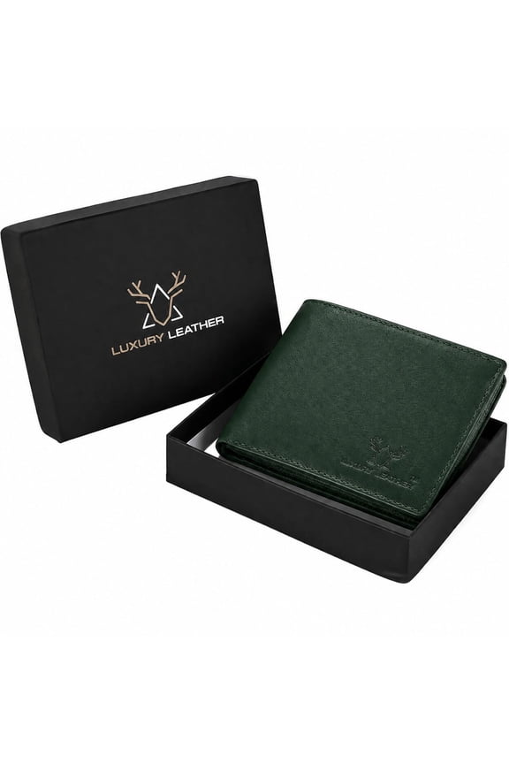 Genuine Leather RFID Blocking Wallet for Men | Slim Bifold Design with Zipper Coin Pocket, ID Window & Multiple Card Slots | Green