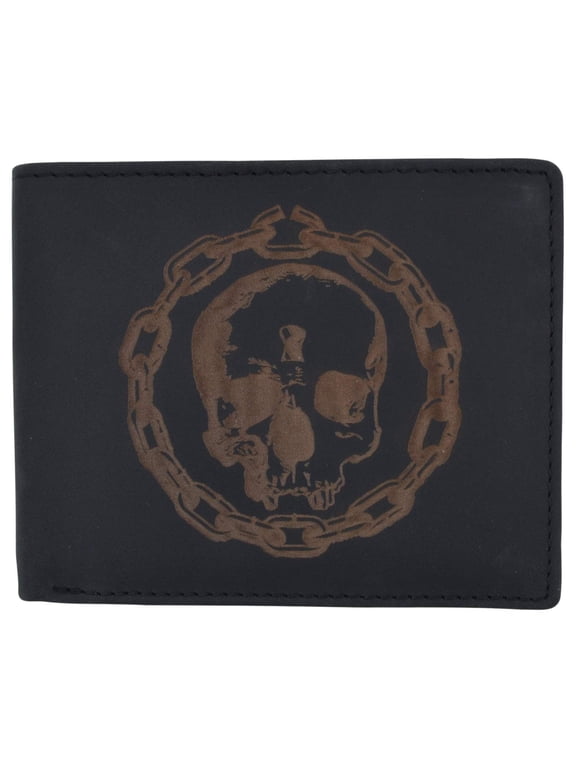 Genuine Leather RFID Chain Skull Printed Logo Credit Card ID Mens Bifold Wallet