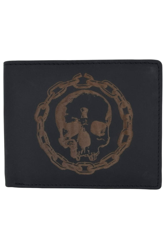 Genuine Leather RFID Chain Skull Printed Logo Credit Card ID Mens Bifold Wallet