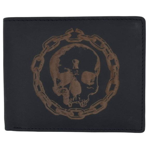 Genuine Leather RFID Chain Skull Printed Logo Credit Card ID Mens Bifold Wallet