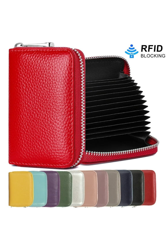 Genuine Leather RFID Credit Card Holder for Women and Men Zipper Cards Case Small Card Wallets