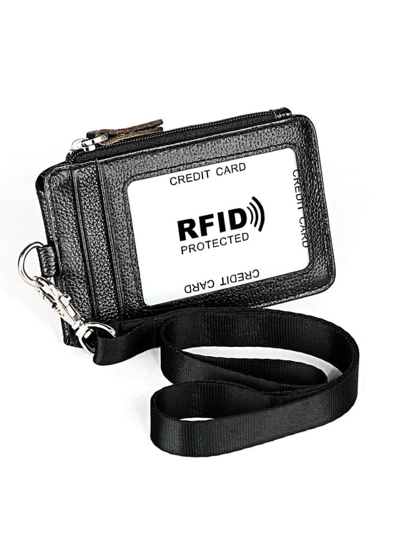 Genuine Leather RFID Zipper Badge Holder Wallet with Neck Lanyard, Black for Cards Coins Cash