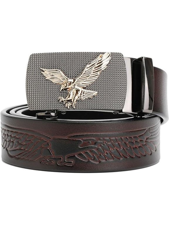 Genuine Leather Ratchet Belt with Automatic Buckle, Eagle Print Adjustable Slide Belt - Click Sliding Eagle Buckle