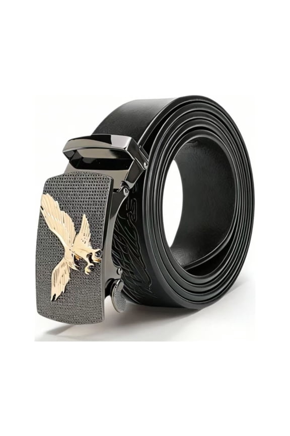 Genuine Leather Ratchet Belt with Automatic Buckle, Eagle Print Adjustable Slide Belt - Click Sliding Eagle Buckle