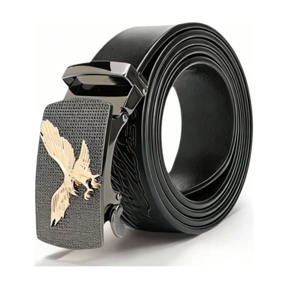 Genuine Leather Ratchet Belt with Automatic Buckle, Eagle Print Adjustable Slide Belt - Click Sliding Eagle Buckle
