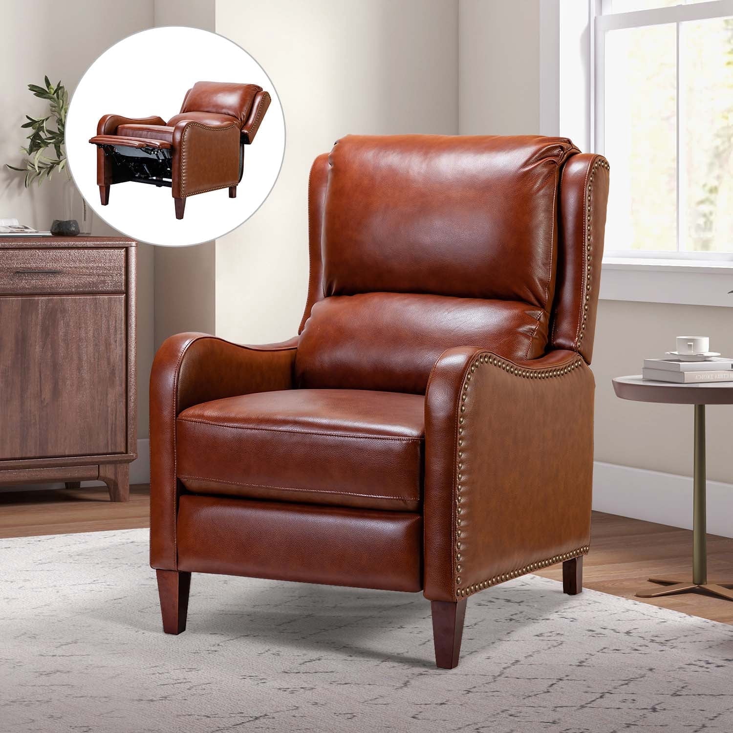 Genuine Leather Recliner Chair Push Back Upholstered Armchair Wingback Lounge Sofa Wood Leg Home Decor Living Room Bedroom Brown
