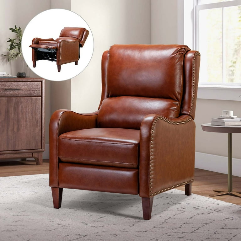 Genuine Leather Push Back Recliner Armchair, Wingback Lounge Sofa