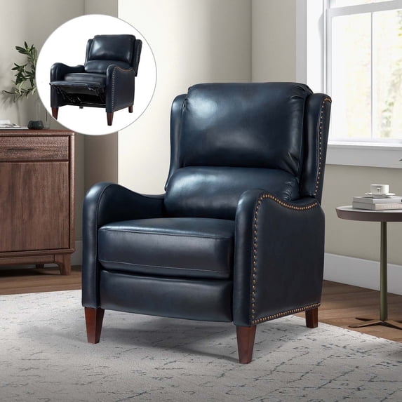 Genuine Leather Recliner Chair Push Back Upholstered Armchair Wingback Lounge Sofa Wood Leg Home Decor Living Room Bedroom Navy