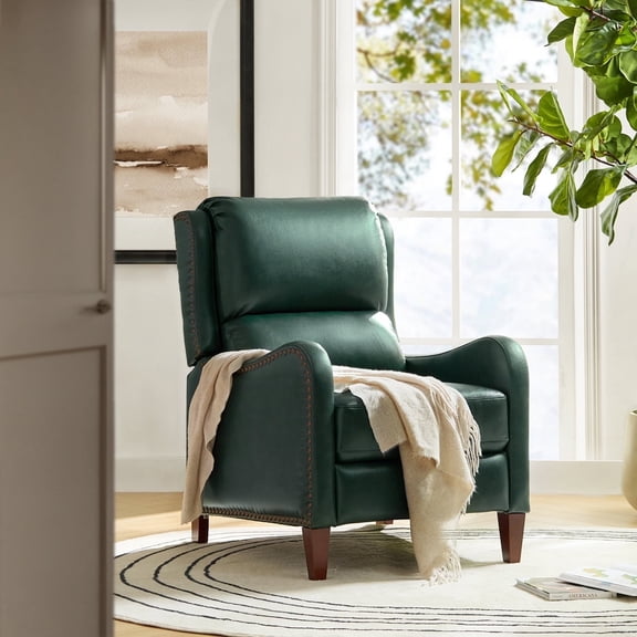 Genuine Leather Recliner Chair Push Back Wingback with Nailhead Trim for Living Room Bedroom Green
