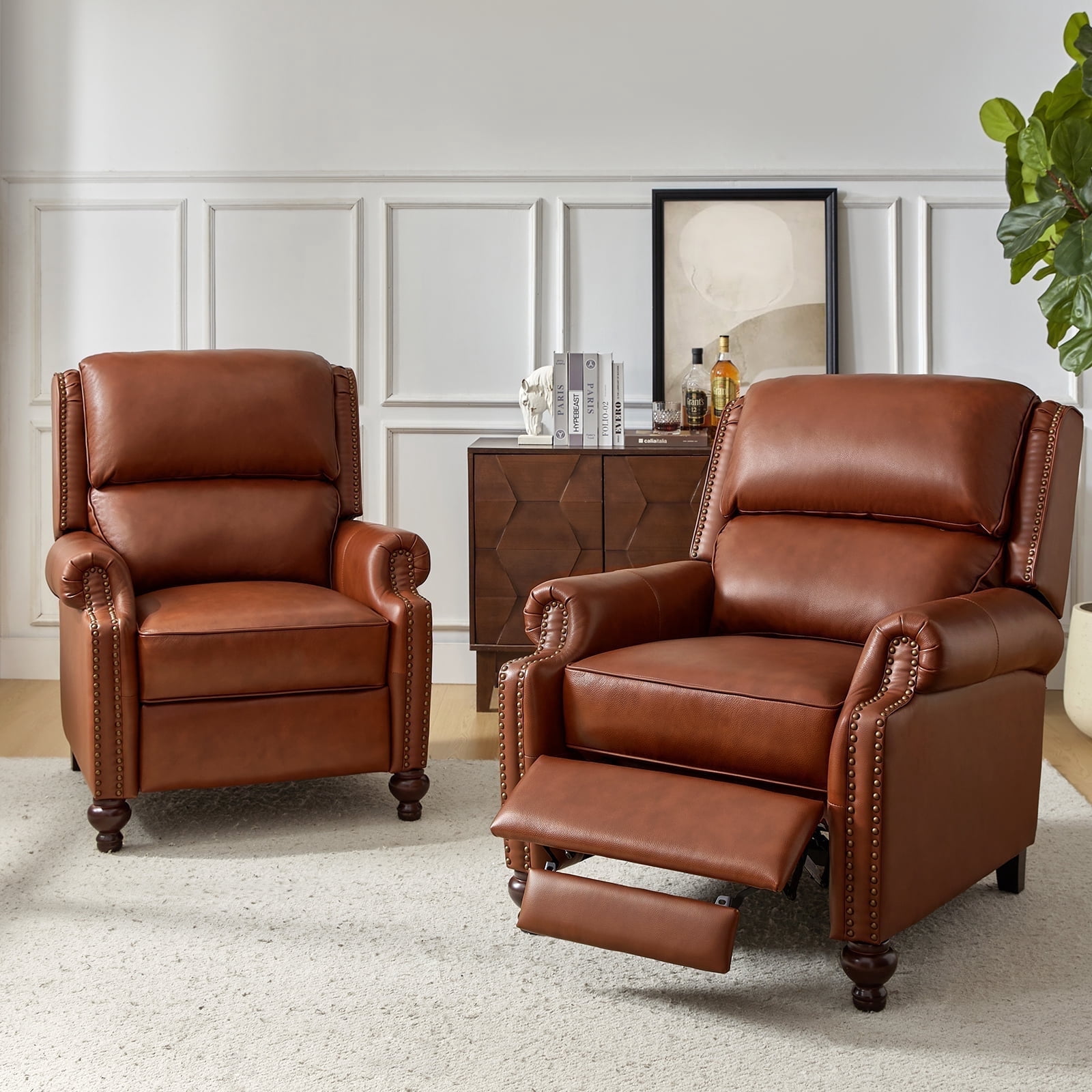 Mid Century Genuine Leather Pushback Recliner Chair with Nailhead Trim Set of 2 Brown