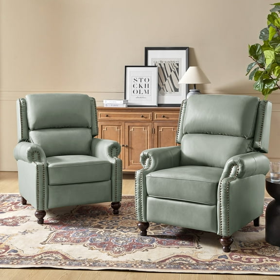 Mid-century Genuine Leather Pushback Recliner Chair with Nailhead Trim Set of 2 Sage