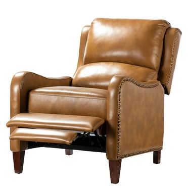 Genuine Leather Recliner Chair, Tina's Home Push Back Wood Leg Armchair Nailhead Living Room Brown
